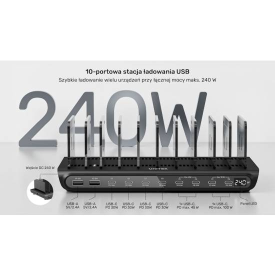 Stacja ładująca 10x USB-A USB-C 240W Unitek P1230CBK01-EU