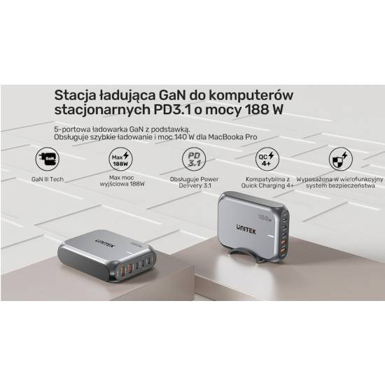 Ładowarka sieciowa GaN USB-A x2 USB-C x3 188W Unitek P1234AGY01-EU