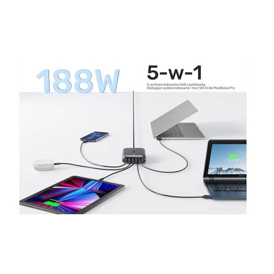 Ładowarka sieciowa GaN USB-A x2 USB-C x3 188W Unitek P1234AGY01-EU