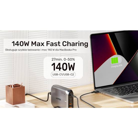 Ładowarka sieciowa GaN USB-A x2 USB-C x3 188W Unitek P1234AGY01-EU