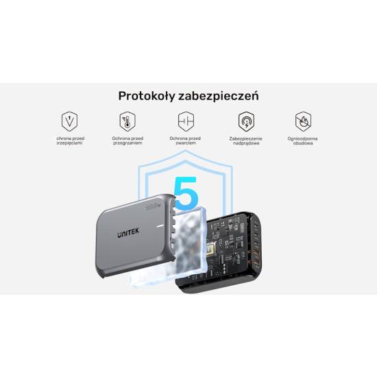 Ładowarka sieciowa GaN USB-A x2 USB-C x3 188W Unitek P1234AGY01-EU