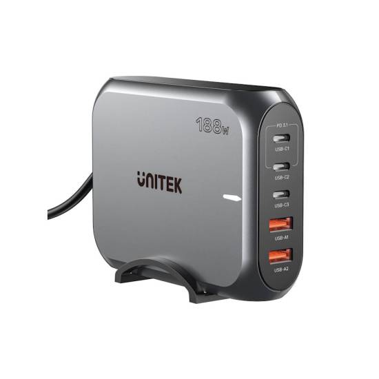 Ładowarka sieciowa GaN USB-A x2 USB-C x3 188W Unitek P1234AGY01-EU