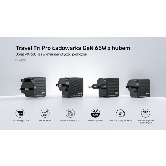 Ładowarka sieciowa GaN podróżna z hubem 65W USB-A USB-C HDMI 4K@60Hz Unitek P1242ABK01