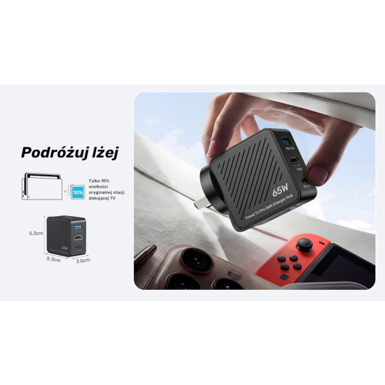 Ładowarka sieciowa GaN podróżna z hubem 65W USB-A USB-C HDMI 4K@60Hz Unitek P1242ABK01