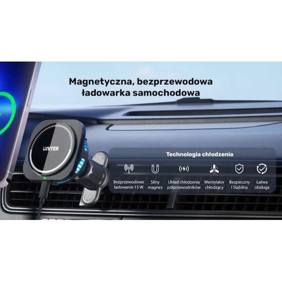 Ładowarka samochodowa UCB-A USB-C 38W uchwyt MagSafe Unitek P1403A