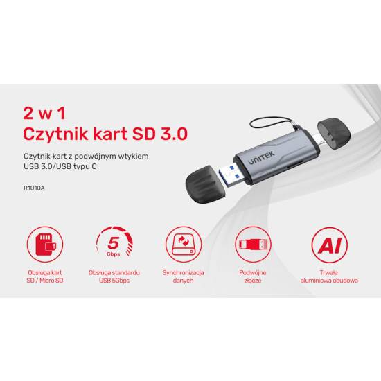 Czytnik kart SD/microSD USB-A/USB-C 5Gbps Unitek R1010A