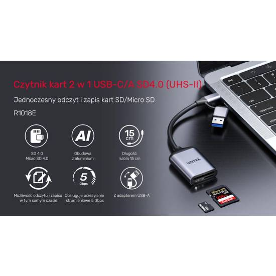 Czytnik kart SD/microSD USB-A/USB-C 5Gbps Unitek R1018E01