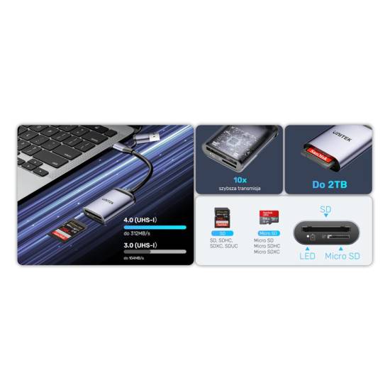 Czytnik kart SD/microSD USB-A/USB-C 5Gbps Unitek R1018E01
