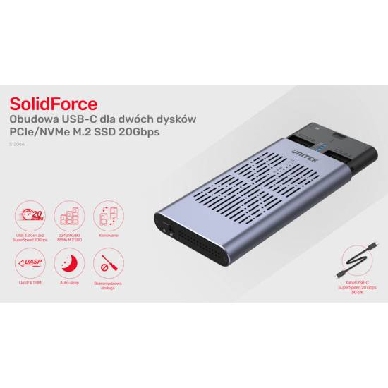 Obudowa SSD 2x M.2 PCIe/NVMe 20 Gbps Unitek S1206A klonowanie