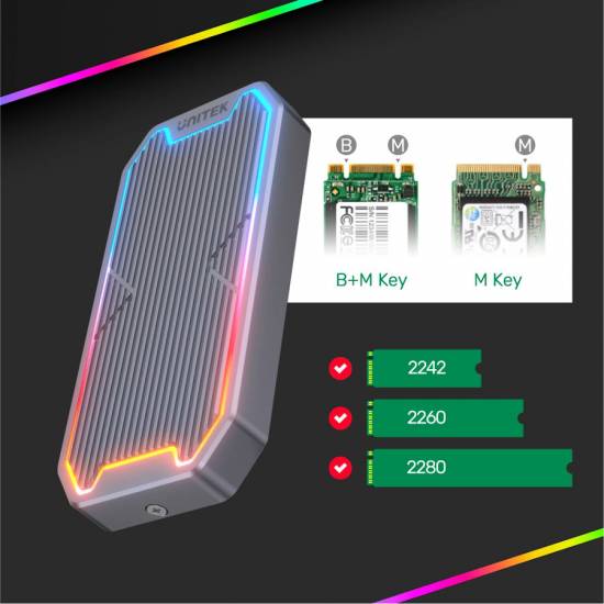 Obudowa SSD M.2 PCIe/NVMe/SATA USB USB C 10Gbps RGB Unitek S1210B