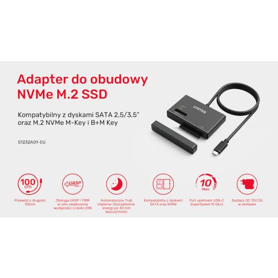 Konwerter USB-C -> SATA III 2,5/3,5'' dyski M.2 Unitek S1232A01-EU zasilacz
