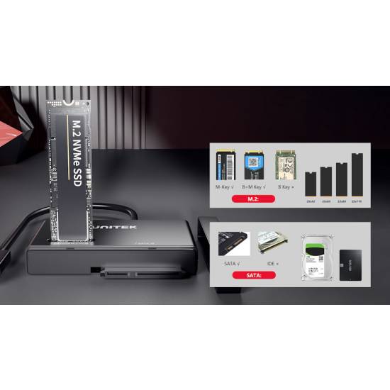 Konwerter USB-C -> SATA III 2,5/3,5'' dyski M.2 Unitek S1232A01-EU zasilacz