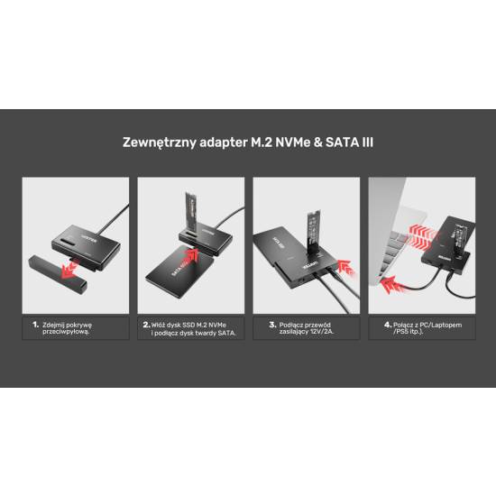 Konwerter USB-C -> SATA III 2,5/3,5'' dyski M.2 Unitek S1232A01-EU zasilacz