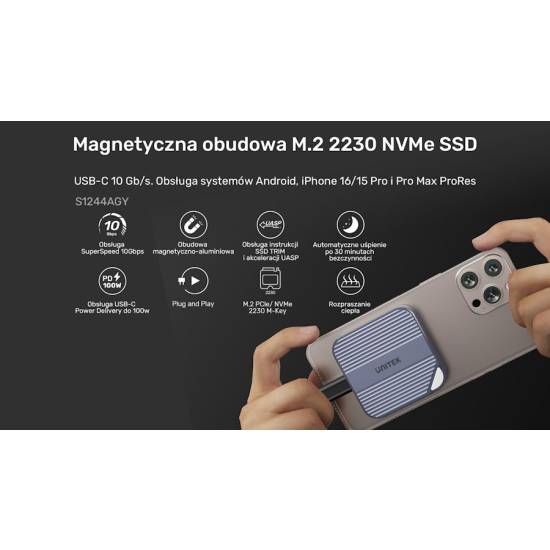 Obudowa SSD M.2 NVMe/SATA 2230 10Gbps USB-C magnetyczna Unitek S1244AGY01