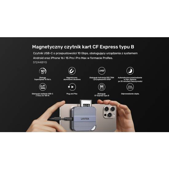 Czytnik kart CF Express Typ-B USB-C 10Gbps magnetyczny Unitek S1244BGY01
