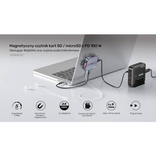 Czytnik kart SD micro SD USB-C HDMI audio PD 100W magnetyczny Unitek S1244CGY01