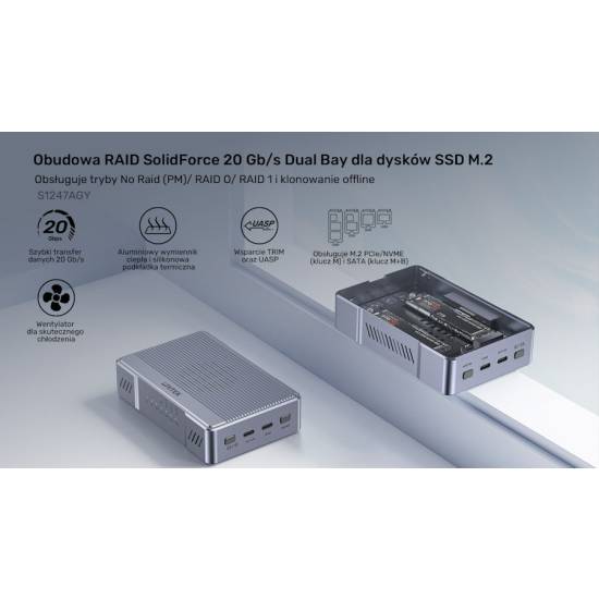Obudowa SSD 2x M.2 PCIe/NVMe/SATA RAID 20Gbps Unitek S1247AGY01 klonowanie