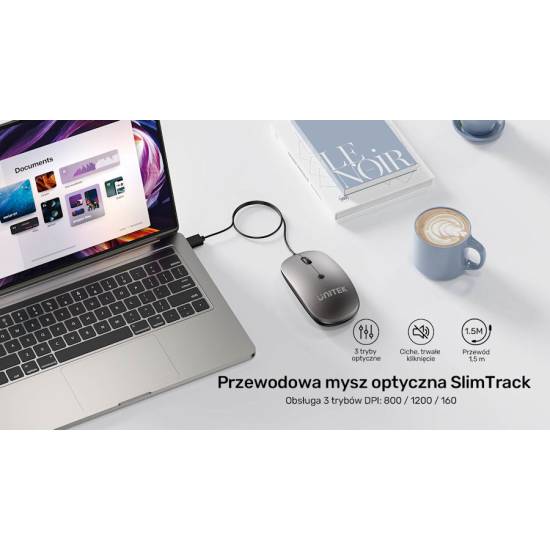 Mysz przewodowa USB optyczna biurowa SlimTrack 1600 DPI Unitek T060BGY01