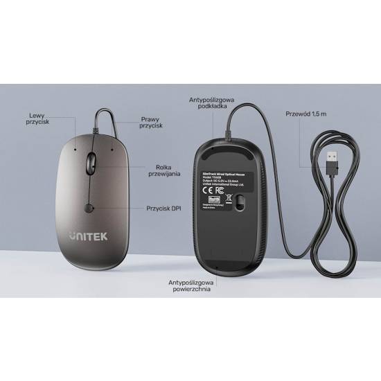 Mysz przewodowa USB optyczna biurowa SlimTrack 1600 DPI Unitek T060BGY01