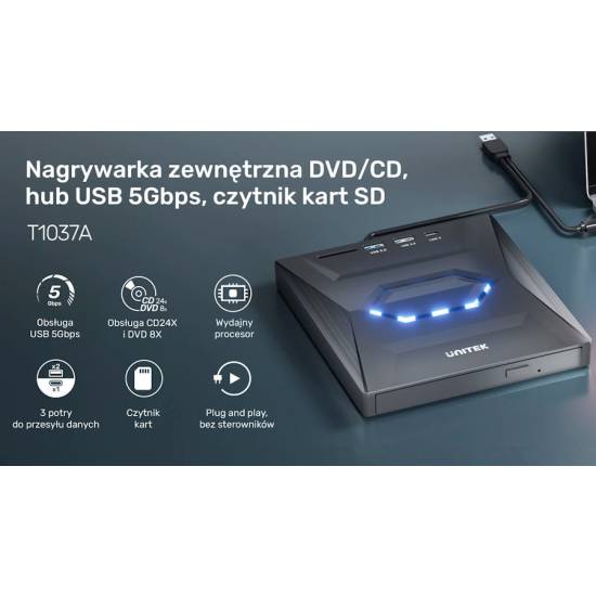 Nagrywarka CD/DVD USB 3.0 hub USB-A/USB-C czytnik kart SD/microSD Unitek T1037A01