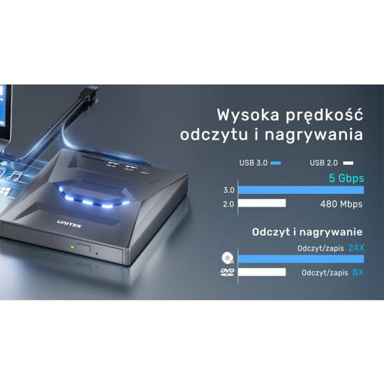 Nagrywarka CD/DVD USB 3.0 hub USB-A/USB-C czytnik kart SD/microSD Unitek T1037A01