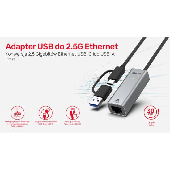 Karta sieciowa USB C/USB A -> RJ45 2.5Gbit Ethernet Unitek U1313C