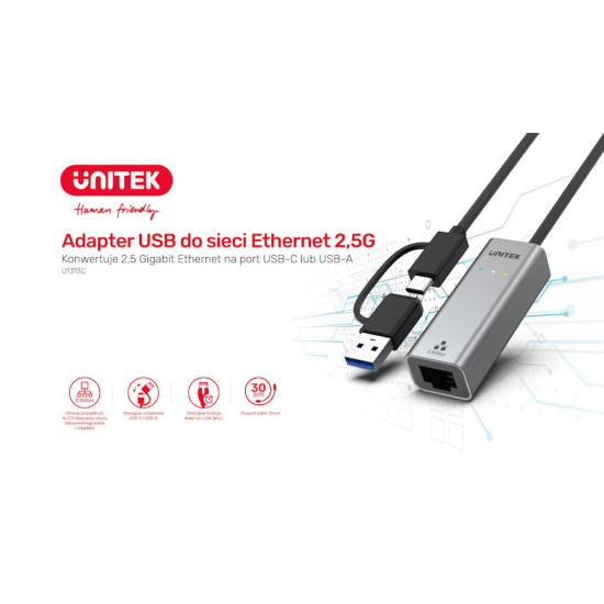 Karta sieciowa USB C/USB A -> RJ45 2.5Gbit Ethernet Unitek U1313CGY01