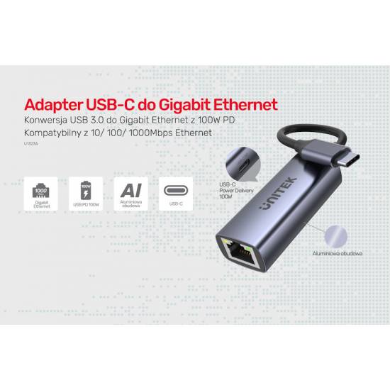 Karta sieciowa USB C -> RJ45 1Gbps PD 100W Unitek U1323A