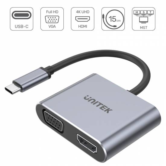 Adapter USB-C -> HDMI 4K@60Hz + VGA FHD Unitek V1126A
