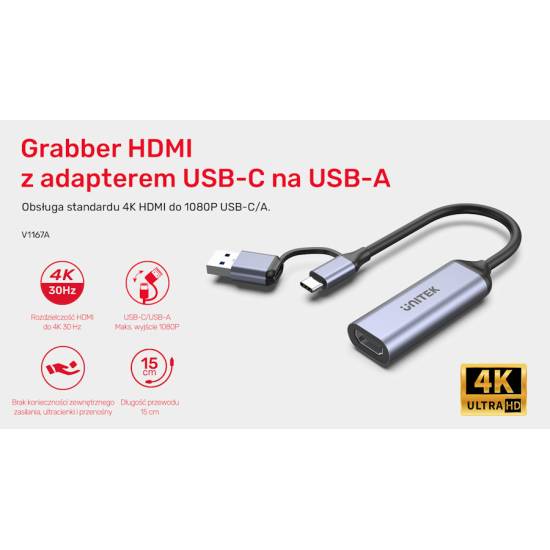 Wideo grabber 4K HDMI 1.4b USB Typ C / USB A, Unitek V1167A
