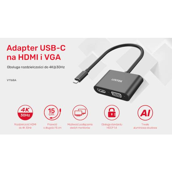 Adapter USB-C -> HDMI 4K@30Hz + VGA FHD Unitek V1168A