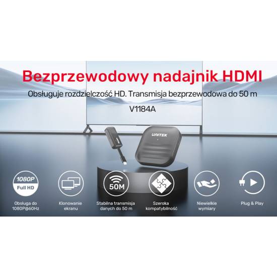 Zestaw bezprzewodowy nadajnik i odbiornik HDMI 50m 1080p 60Hz Unitek V1184A01czarny