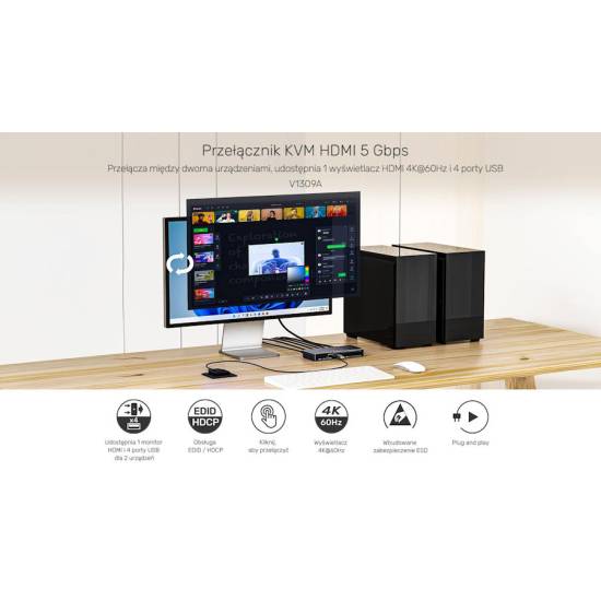 Przełącznik KVM HDMI 2.0 x2 USB 3.0 x4 Unitek V1309AGY01-EU