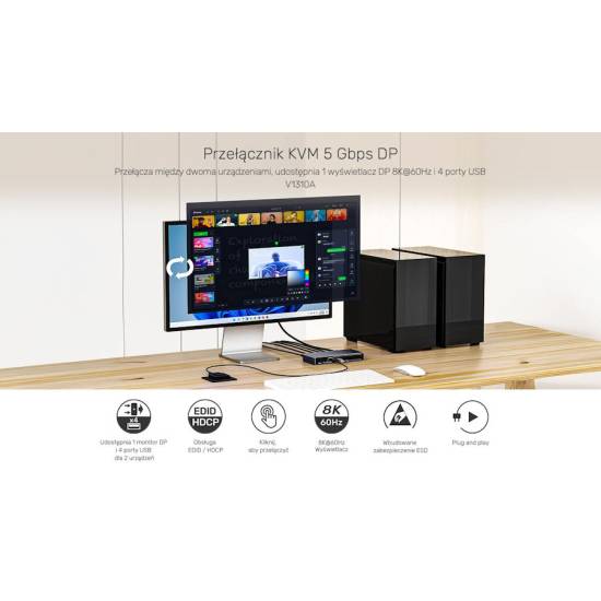 Przełącznik KVM DP 1.4 x2 USB 3.0 x4 Unitek V1310AGY01-EU