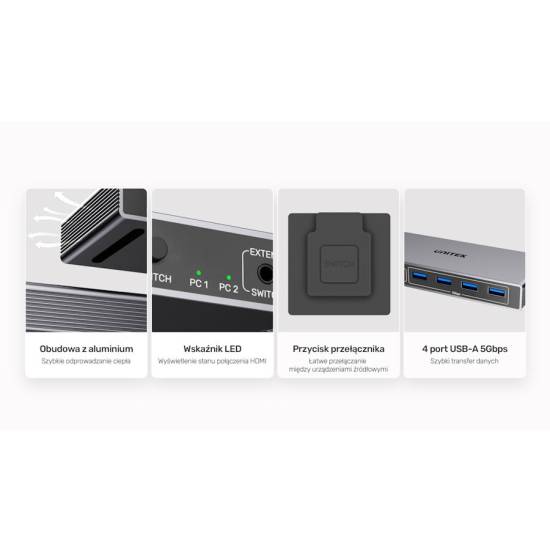 Przełącznik KVM DP 1.4 x2 USB 3.0 x4 Unitek V1310AGY01-EU