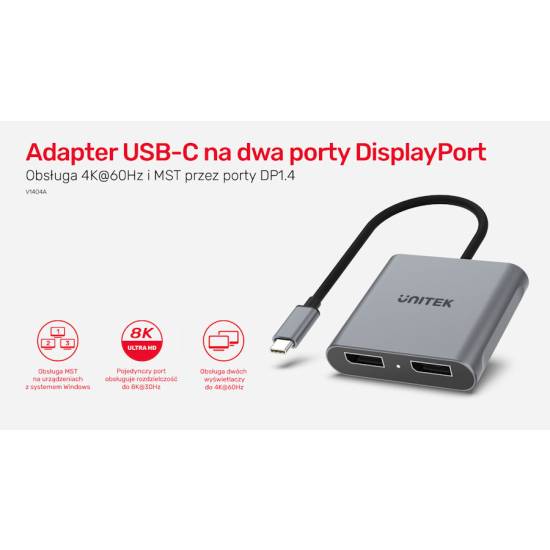 Adapter USB-C -> 2x DisplayPort 1.4 8K@60Hz Unitek V1404A