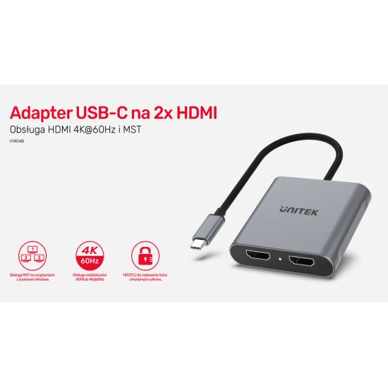 Adapter USB-C -> 2x HDMI 2.0 4K 60Hz MST Unitek V1404B