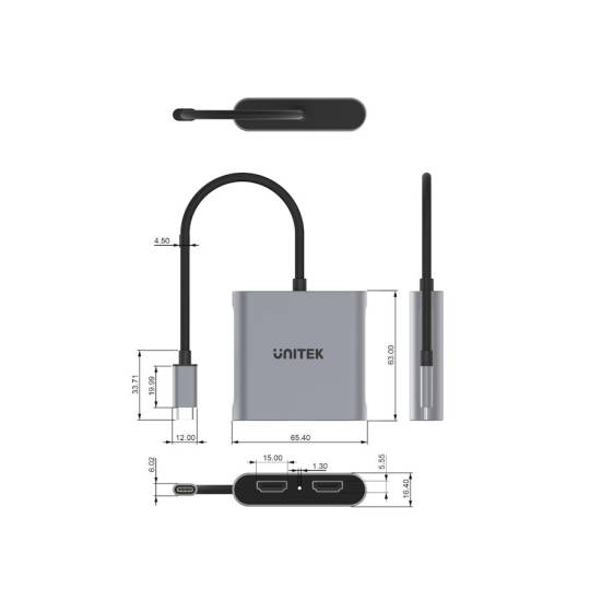 Adapter USB-C -> 2x HDMI 2.0 4K 60Hz MST Unitek V1404B