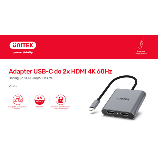 Adapter USB-C -> 2x HDMI 2.0 4K 60Hz MST Unitek V1404BGY01