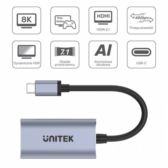 Adapter USB-C -> HDMI 2.1 aluminium 8K Unitek V1414A