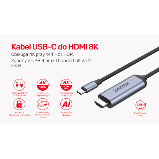 Kabel USB-C -> HDMI 8K USB 4 HDR10+ HDCP 2.3 1.8m Unitek V1423BGY01