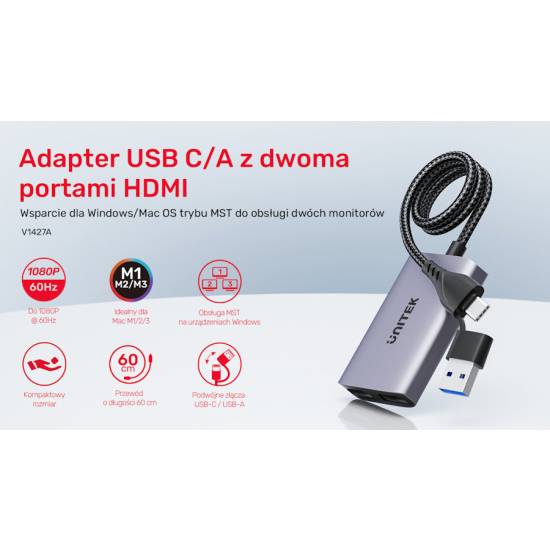 Adapter USB-C/A -> 2x HDMI FullHD MST Unitek V1427A01