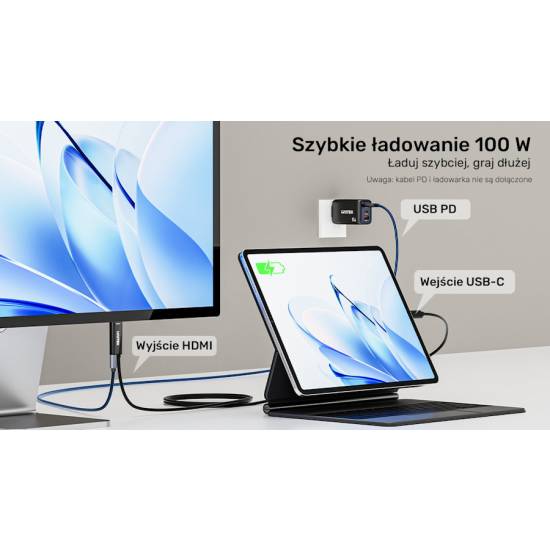 Kabel USB-C -> HDMI 4K@60Hz z portem USB-C PD 100W 2,0m Unitek V1439ABK01
