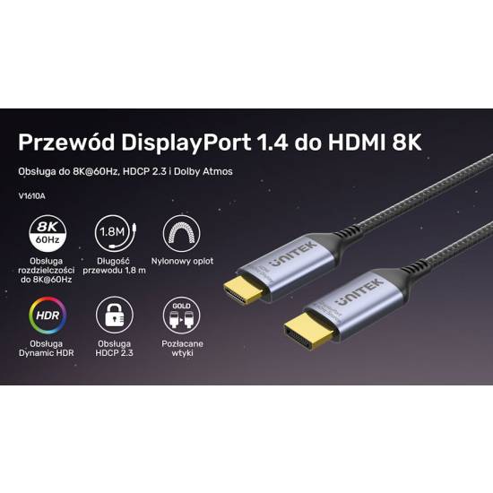 Kabel DisplayPort HDMI 2.1 8K@60Hz 1,8m Unitek V1610A01