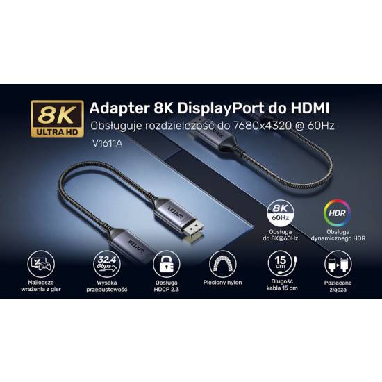 Adapter DisplayPort 1.4 -> HDMI 2.1 8K 60Hz Unitek V1611A01
