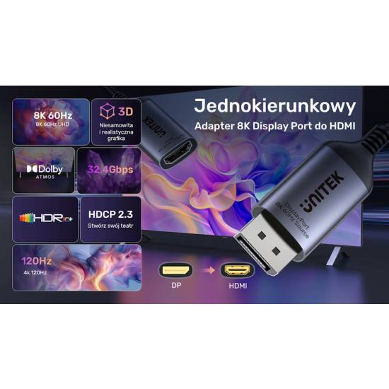 Adapter DisplayPort 1.4 -> HDMI 2.1 8K 60Hz Unitek V1611A01