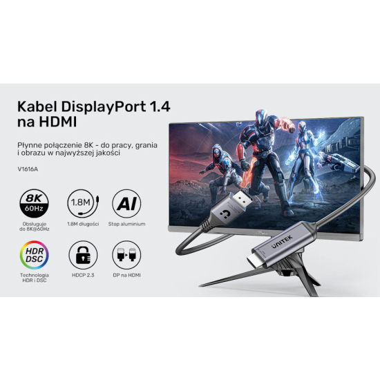 Kabel DisplayPort 1.4 HDMI 2.1 8K@60Hz HDR DSC v1.2a 1,8m Unitek V1616AGY01