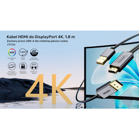 Kabel HDMI do Displayport z zasilaniem USBA 4K@60Hz 1,8m Unitek V1714AGY01