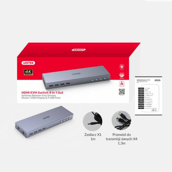 Przełącznik KVM HDMI 2.0 x4 USB x4 Unitek V306A