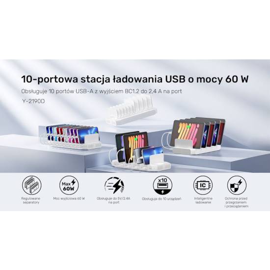 Stacja ładująca 10x USB 2.4A 60W Unitek Y-2190D01-EU